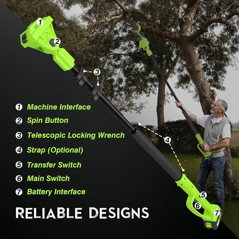 DEHANTOOLS 2 IN 1 Electric Pole Saw Brushless 21V Battery Chainsaw Cordless with Rotatable Pole 15FT Max Reach, Shoulder Strap, Powered Pole Saw for Tree Trimming and Wood Cutting Tool (Green) - Image 5